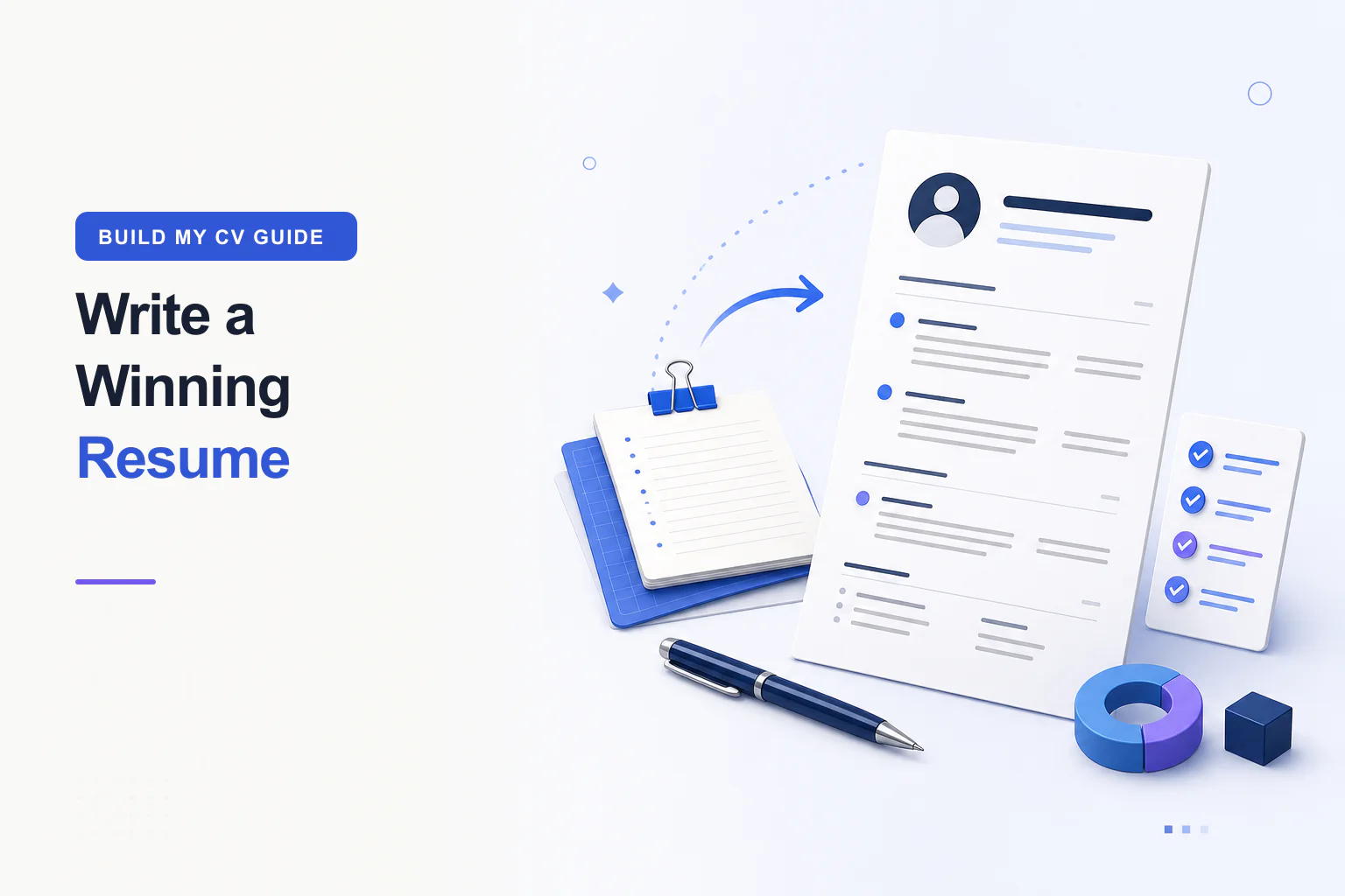 Professional resume writing guide with CV document, planning notes, pen, and completion checklist