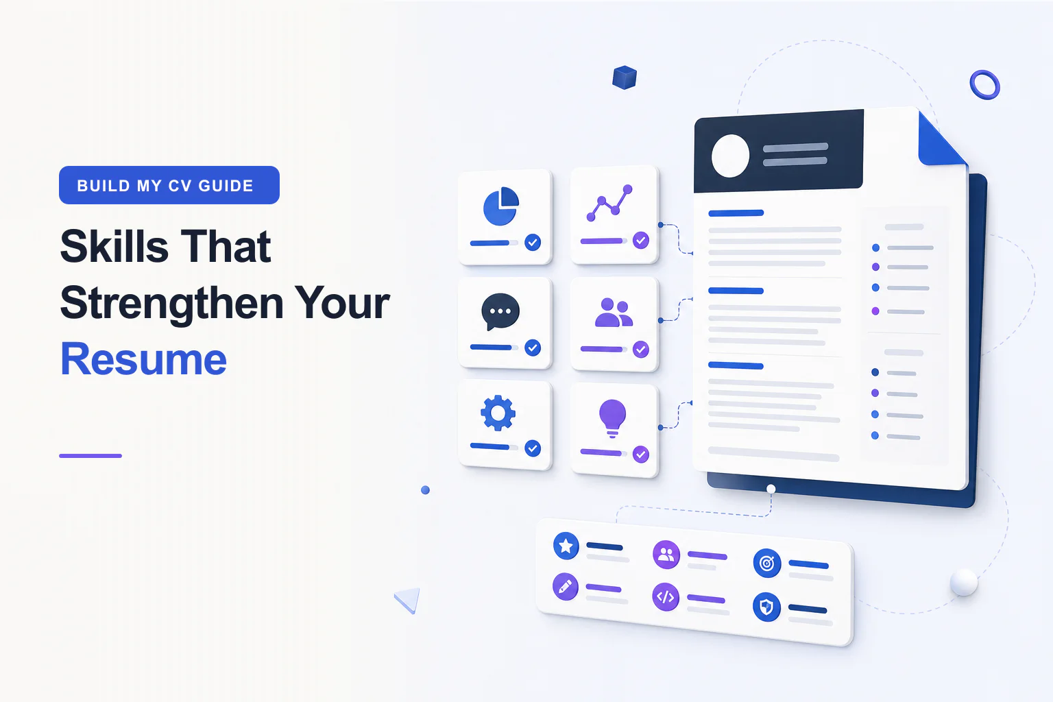 Resume skills guide with professional CV and structured technical and interpersonal skill cards