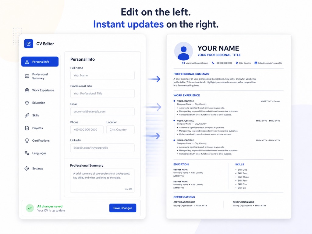 One page resume builder with live CV preview